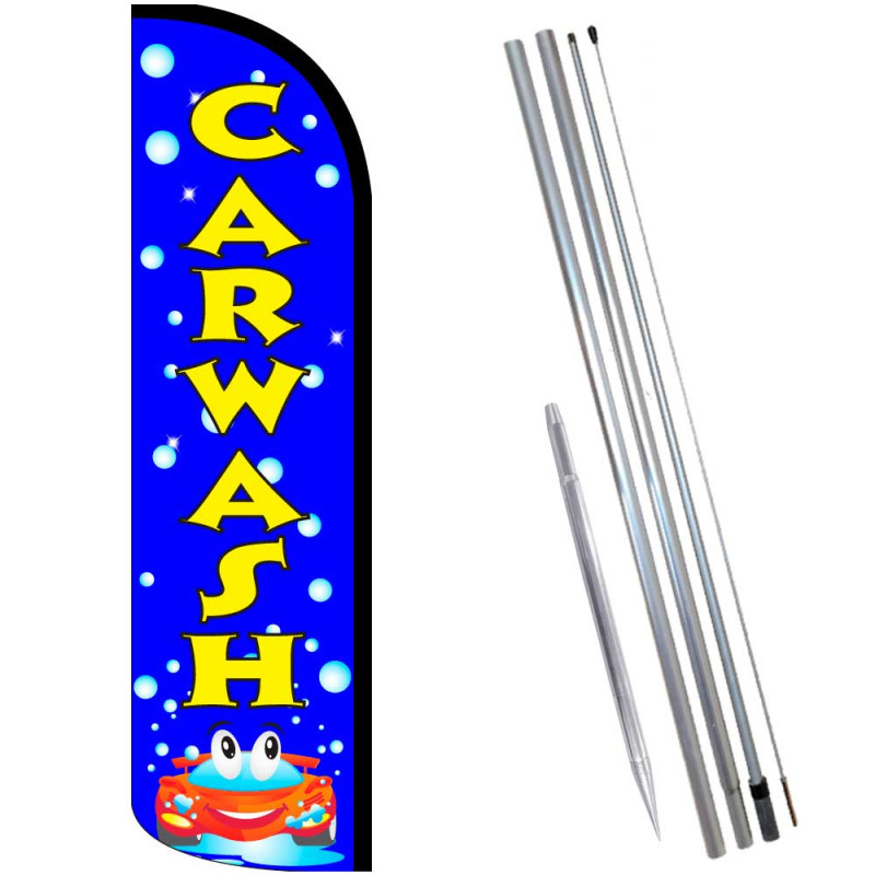 CAR WASH (Blue/Bubbles) Windless Feather Flag Bundle (Complete Kit) OR Optional Replacement Flag Only