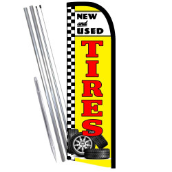 NEW & USED TIRES (Yellow/Checkered) Windless Feather Flag Bundle (Complete Kit) OR Optional Replacement Flag Only