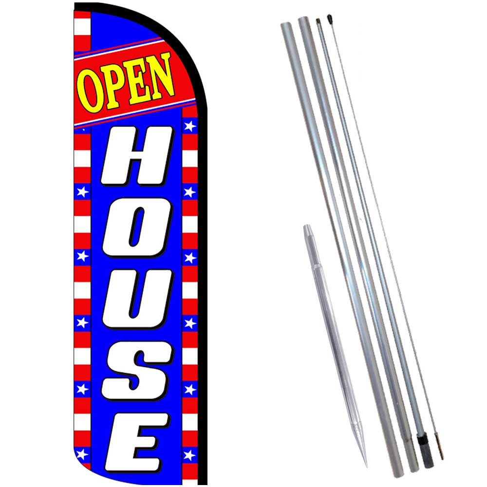 OPEN HOUSE (Blue/White/Stars) Windless Feather Flag Bundle (Complete Kit) OR Opt