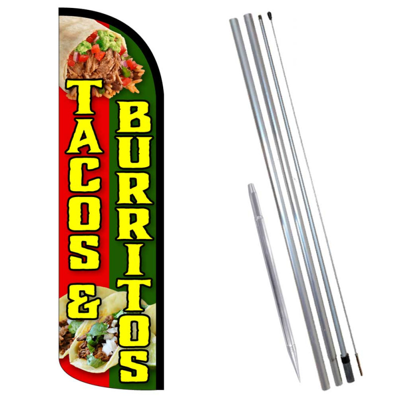 Vista Flags Tacos & Burritos Premium Windless Feather Flag Bundle (11.5' Tall Flag, 15' Tall Flagpole, Ground Mount Stake)