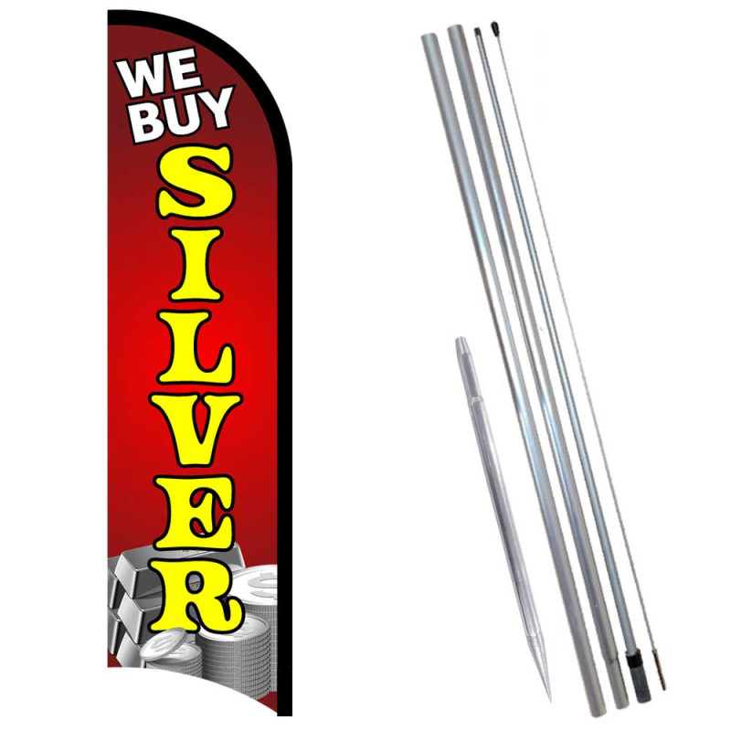 We Buy Silver Premium Windless Feather Flag Bundle (Complete Kit) OR Optional Replacement Flag Only