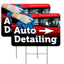 2 Pack Auto Detailing (Arrow) Yard Sign 16" x 24" - Double-Sided Print, with Metal Stakes 841098109431