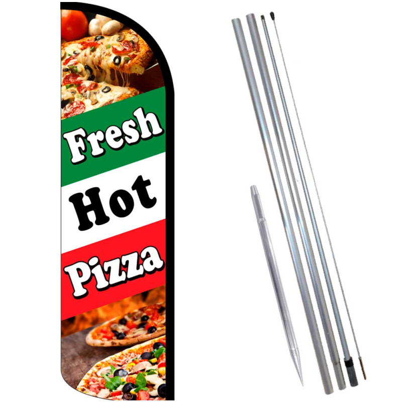 Fresh Hot Pizza (Tri-Color) Windless Feather Flag Bundle (Complete Kit) OR Optional Replacement Flag Only