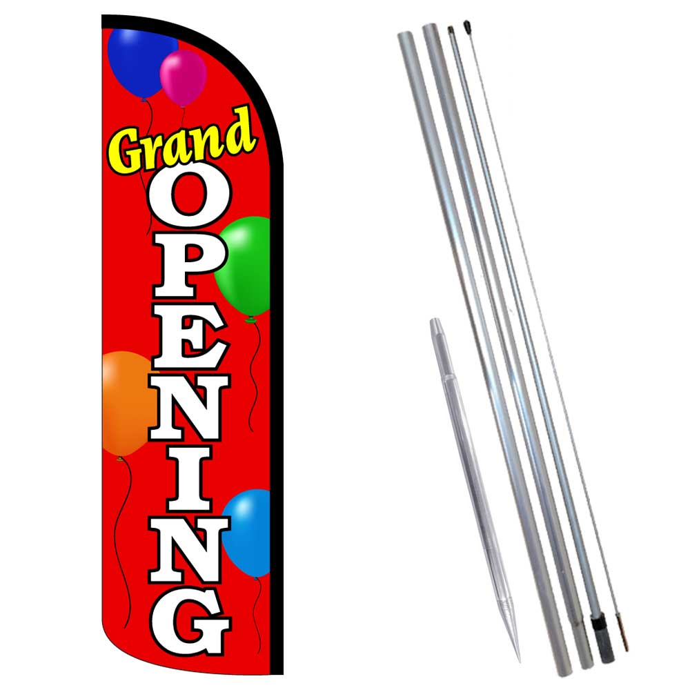 Grand Opening (Balloons) Premium Windless Feather Flag Bundle (Complete Kit) OR