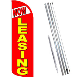 NOW LEASING (Red) Windless Feather Flag Bundle (Complete Kit) OR Optional Replacement Flag Only