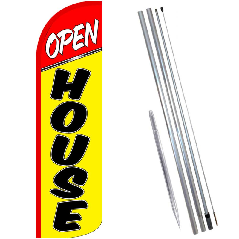 Open House (Red/Yellow) Windless Feather Flag Bundle (Complete Kit) OR Optional Replacement Flag Only
