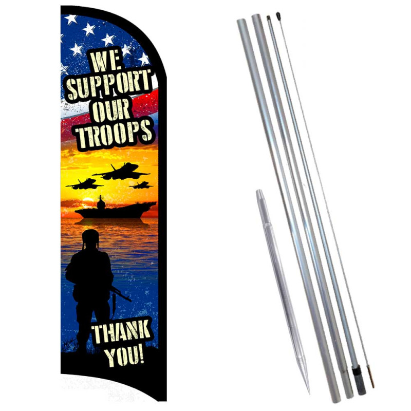 We Support Our Troops Premium Windless  Feather Flag Bundle (Complete Kit) OR Optional Replacement Flag Only