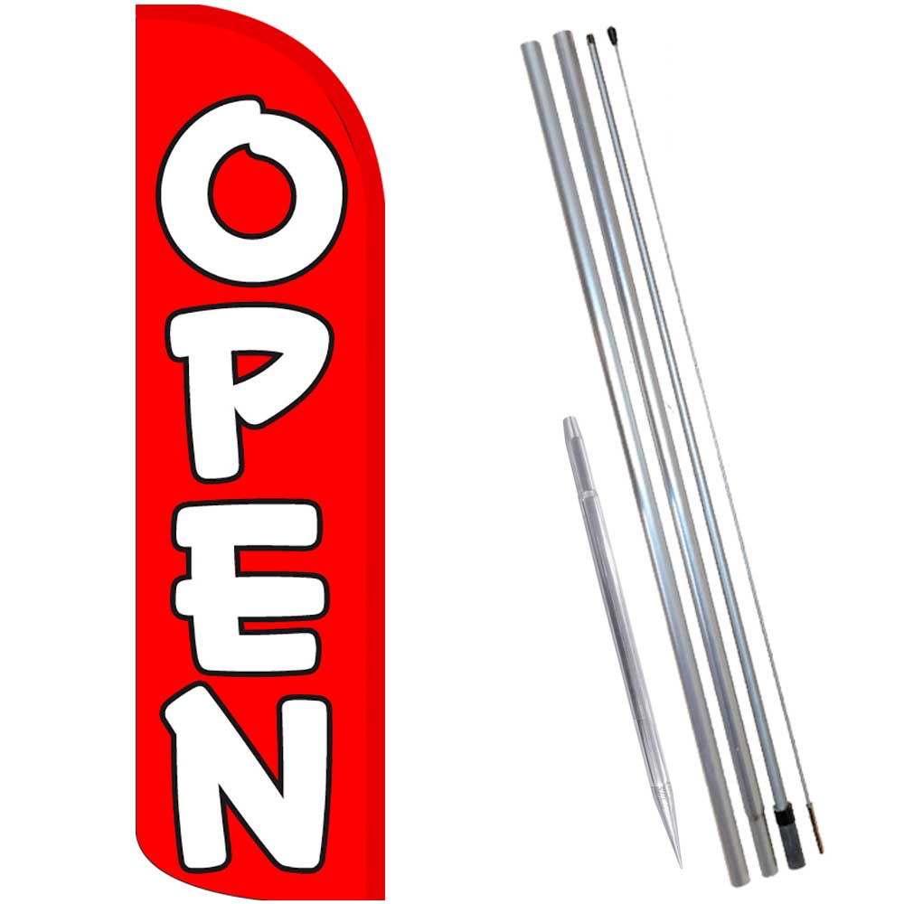 OPEN (Red/White) Windless Feather Flag Bundle (Complete Kit) OR Optional Replace