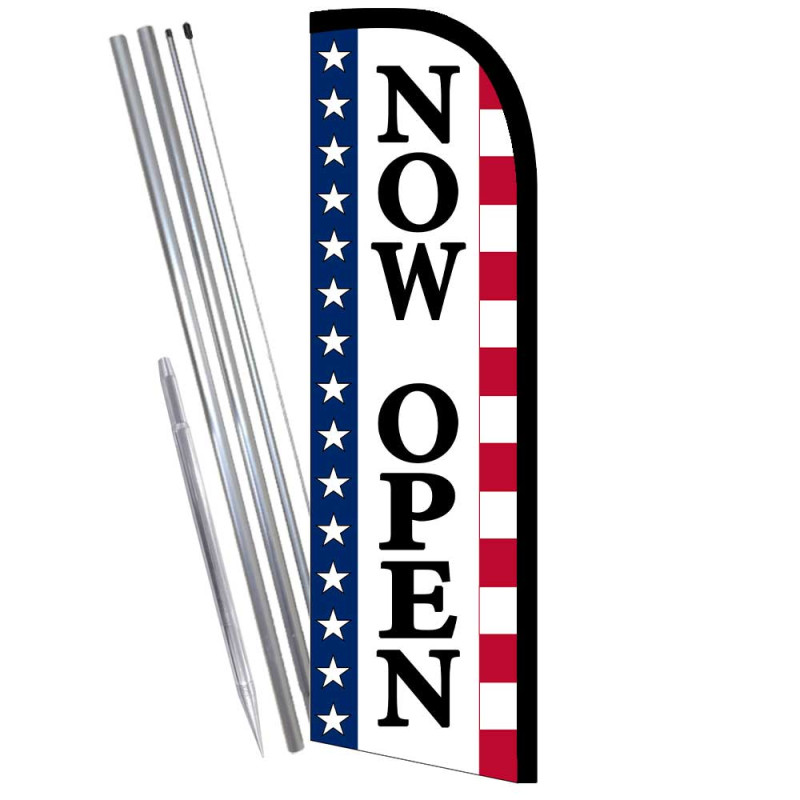 NOW OPEN (STARS & STRIPES) Premium Windless Feather Flag Bundle (Complete Kit) OR Optional Replacement Flag Only