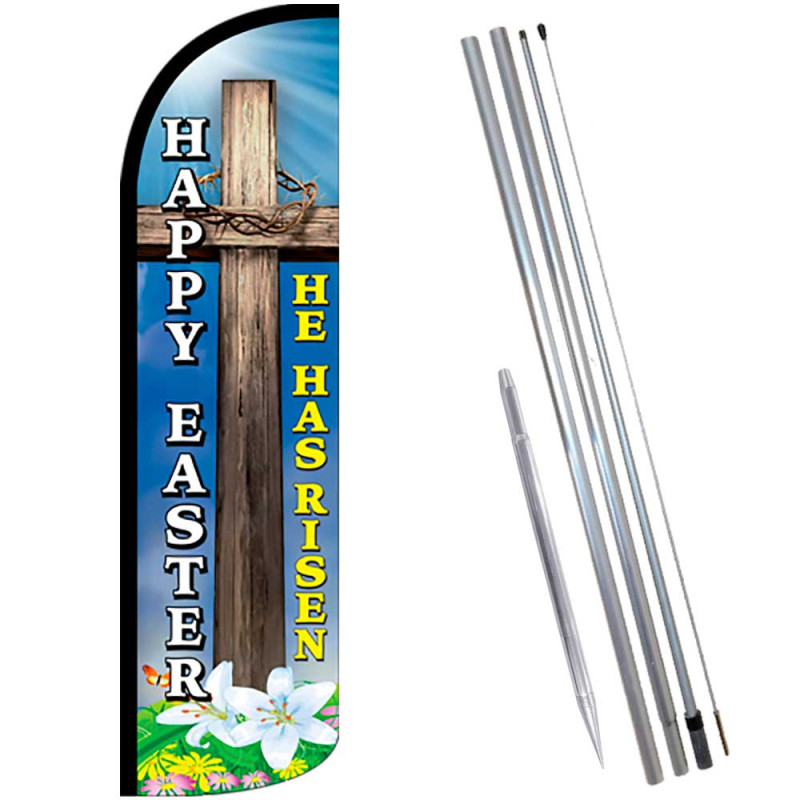 HAPPY EASTER (He Has Risen) Windless Feather Flag Bundle (Complete Kit) OR Optional Replacement Flag Only
