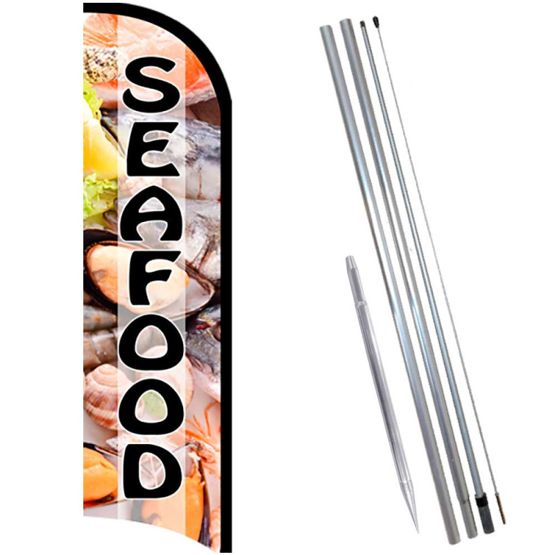 SEAFOOD Premium Windless  Feather Flag Bundle (Complete Kit) OR Optional Replacement Flag Only