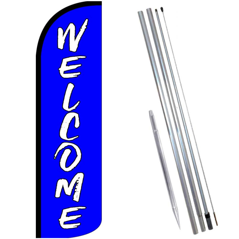 Welcome (Blue) Windless Feather Flag Bundle (Complete Kit) OR Optional Replacement Flag Only