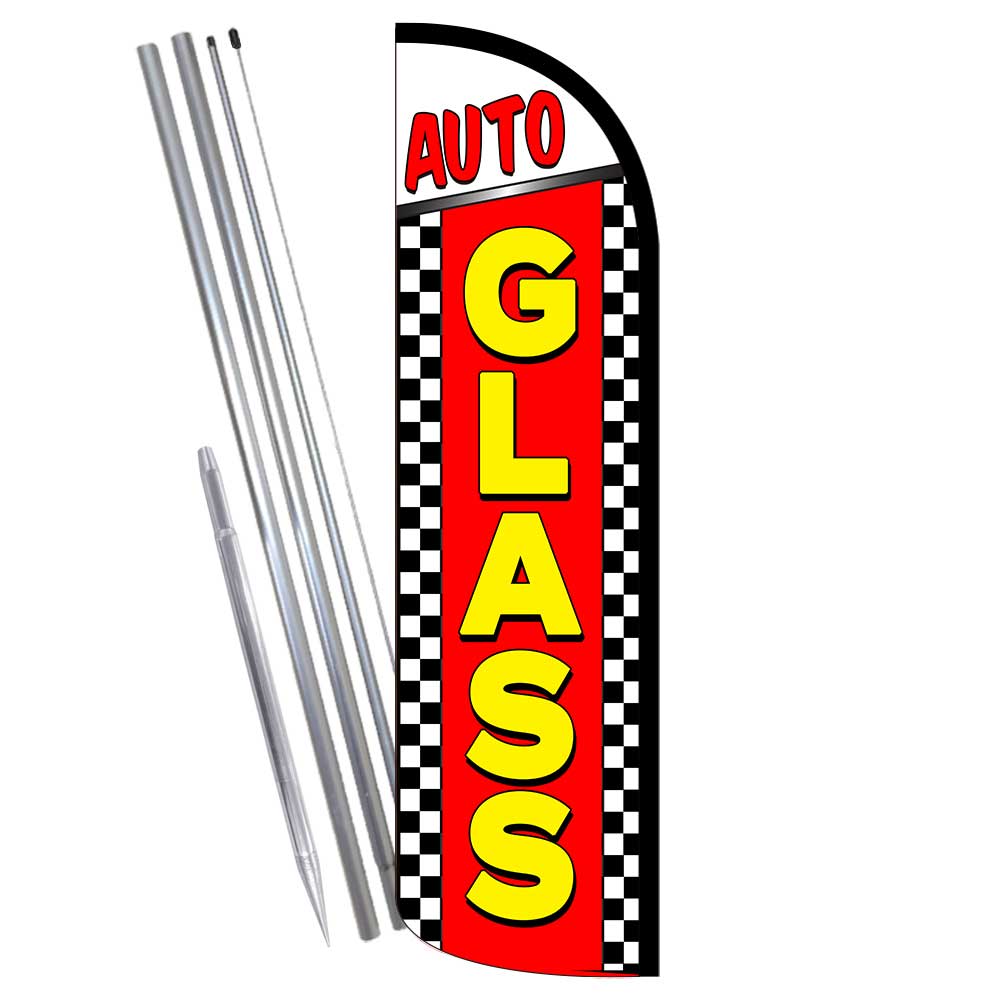 Auto Glass (Checkered) Windless Feather Flag Bundle (Complete Kit) OR Optional R