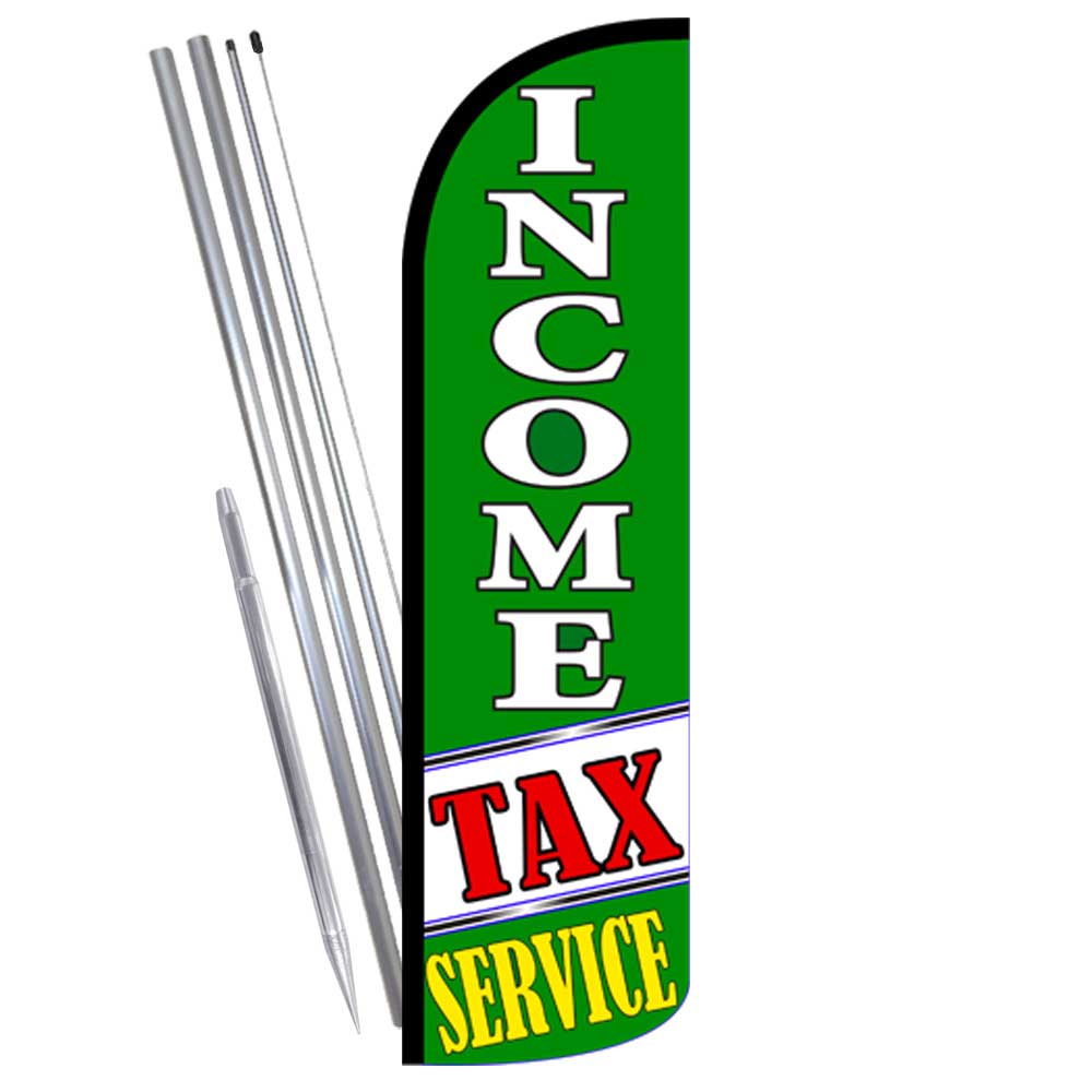 Income Tax Service (Green/White) Windless Feather Flag Bundle (Complete Kit) OR