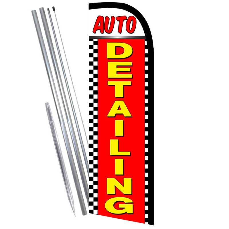 Auto Detailing (Checkered) Windless Feather Flag Bundle (Complete Kit) OR Optional Replacement Flag Only