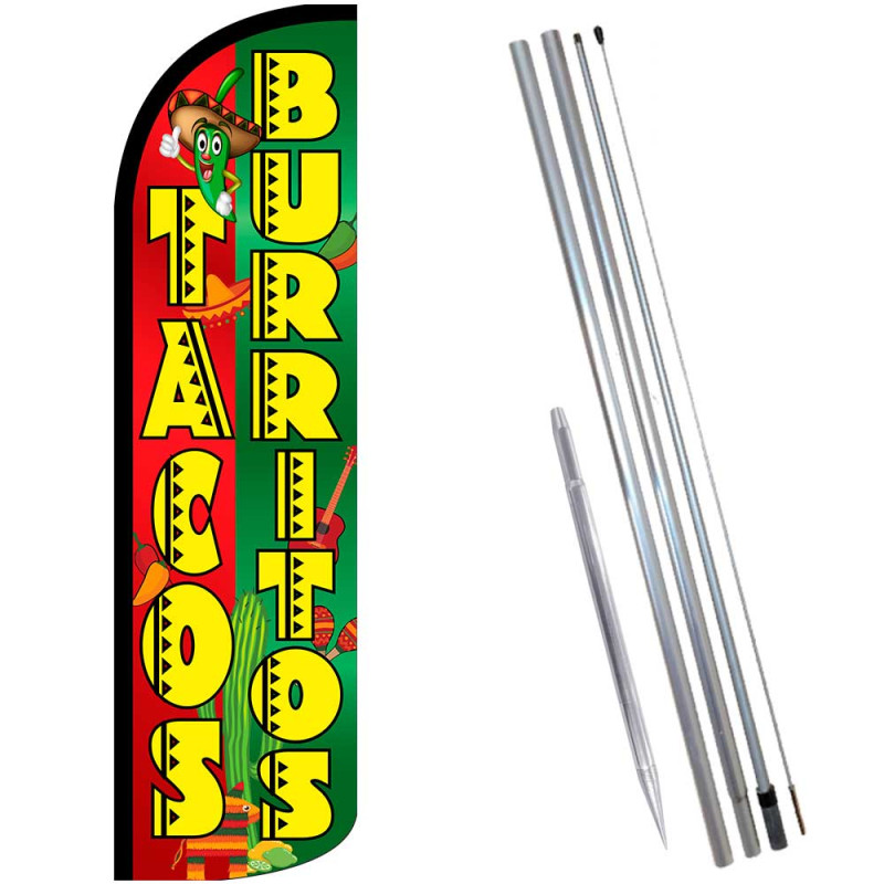Tacos & Burritos (Red/Green) Windless Feather Flag Bundle (Complete Kit) OR Optional Replacement Flag Only