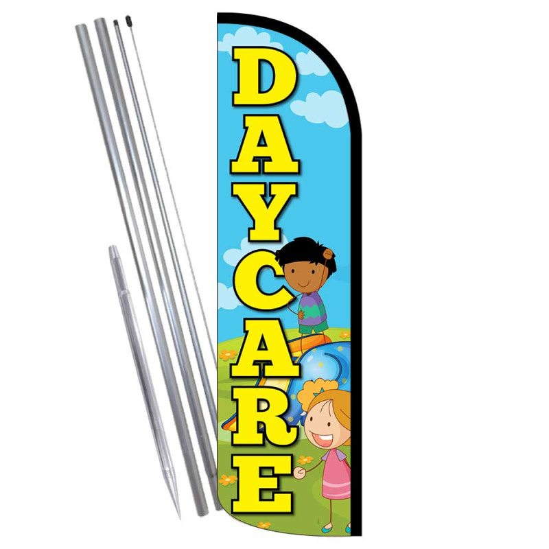 DAYCARE Premium Windless  Feather Flag Bundle (Complete Kit) OR Optional Replacement Flag Only