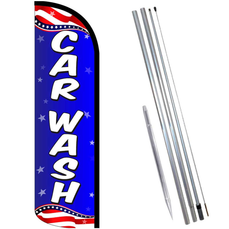 Car Wash (Patriotic) Windless Feather Flag Bundle (Complete Kit) OR Optional Replacement Flag Only
