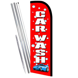 CAR WASH (Red/Bubbles) Windless Feather Flag Bundle (Complete Kit) OR Optional Replacement Flag Only
