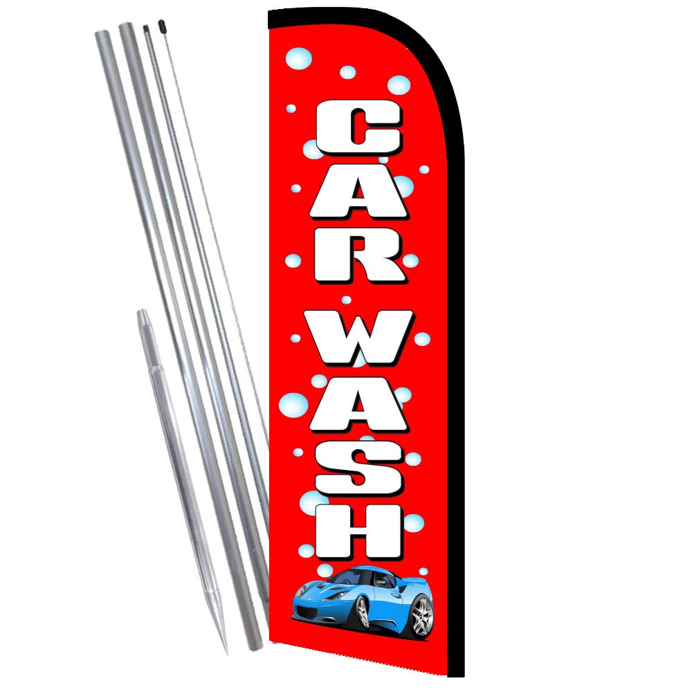 CAR WASH (Red/Bubbles) Windless Feather Flag Bundle (Complete Kit) OR Optional R