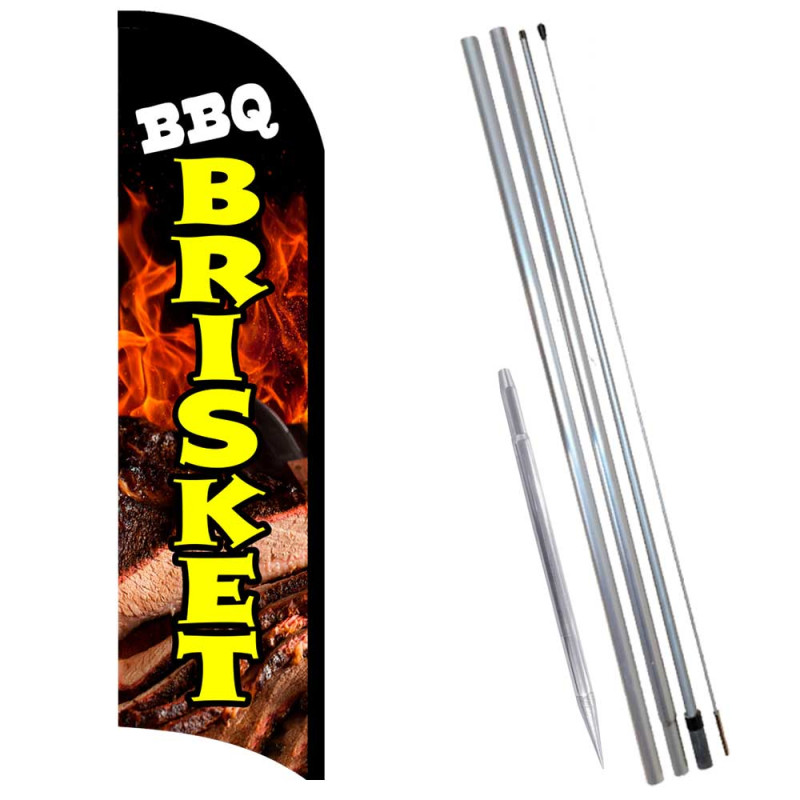 BBQ Brisket Premium Windless Feather Flag Bundle (11.5' Tall Flag, 15' Tall Flagpole, Ground Mount Stake)