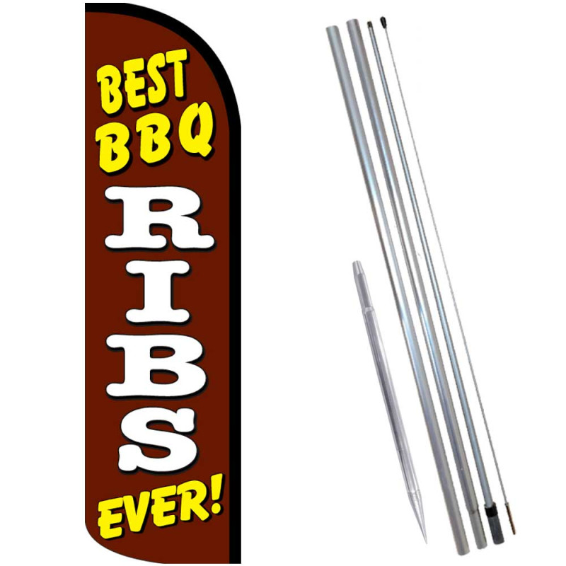 BEST BBQ RIBS EVER Windless Feather Flag Bundle (Complete Kit) OR Optional Replacement Flag Only