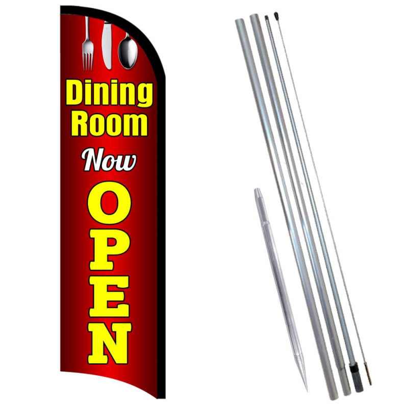 Dining Room Now Open Windless (Made in the USA) Feather Flag Bundle (Complete Kit) OR Optional Replacement Flag Only