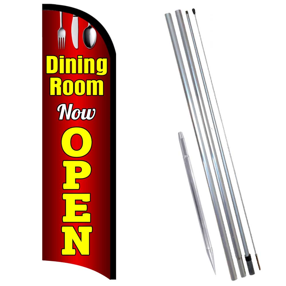 Dining Room Now Open Windless (Made in the USA) Feather Flag Bundle (Complete Ki