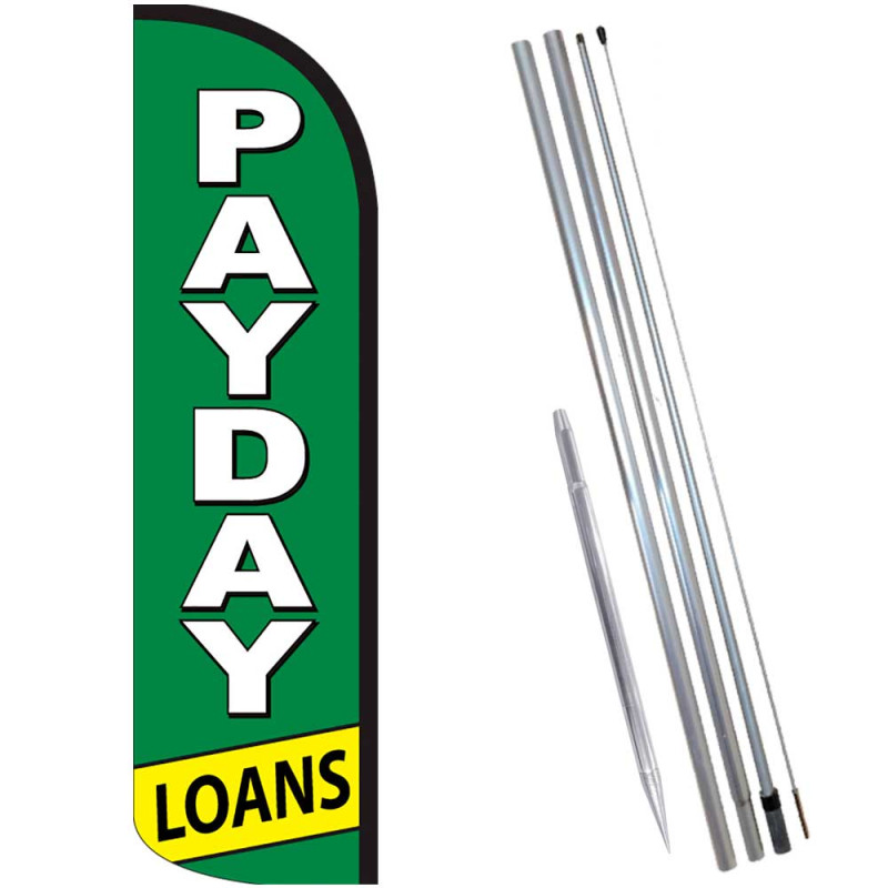 PAYDAY LOANS (Green/White) Windless Feather Flag Bundle (Complete Kit) OR Optional Replacement Flag Only