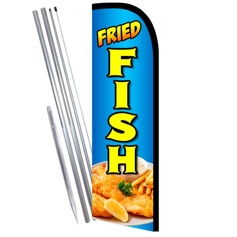 Fried Fish Premium Windless  Feather Flag Bundle (Complete Kit) OR Optional Replacement Flag Only