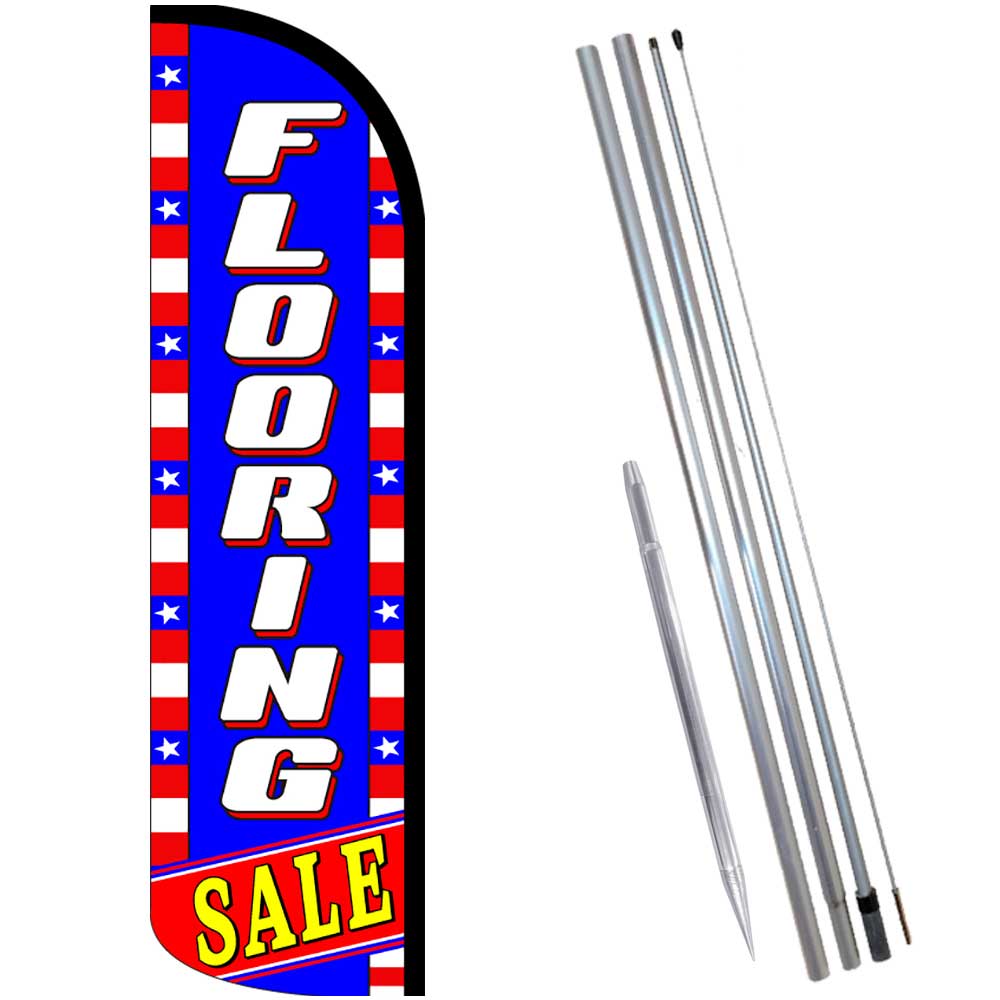 FLOORING SALE (Blue/White/Stars) Windless Feather Flag Bundle (Complete Kit) OR
