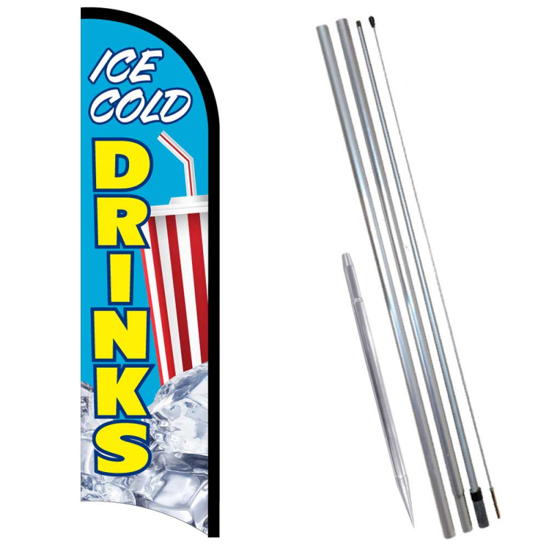 Ice Cold Drinks (Blue) Premium Windless  Feather Flag Bundle (Complete Kit) OR Optional Replacement Flag Only