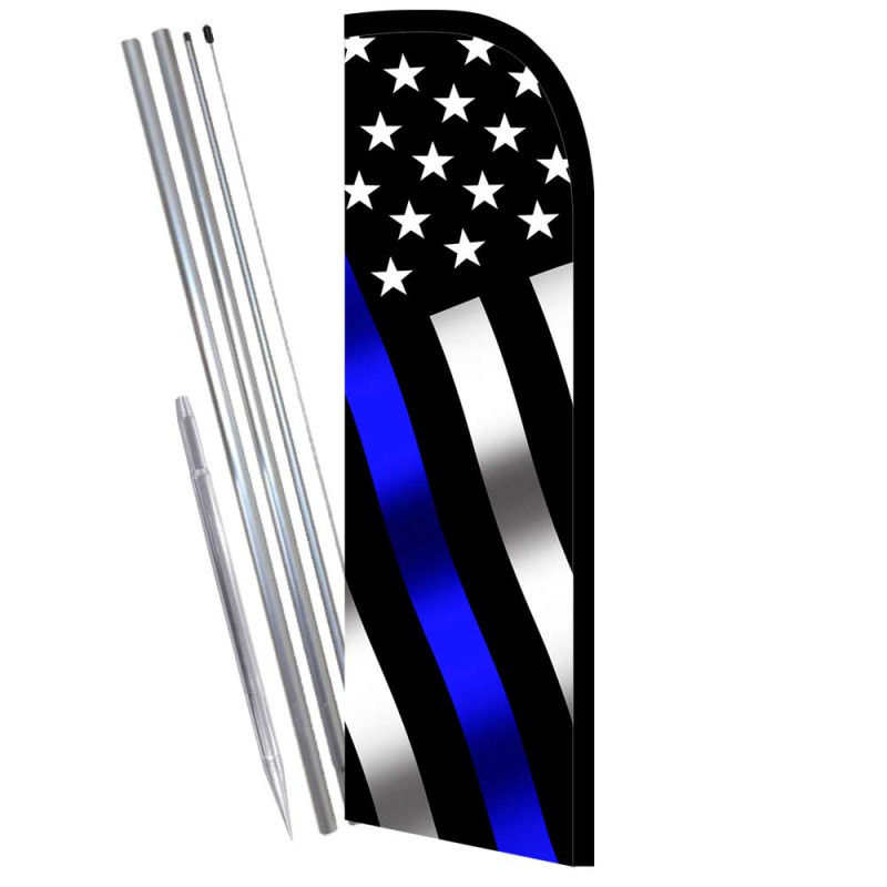 Thin Blue Line (Police Support) Premium Windless  Feather Flag Bundle (Complete Kit) OR Optional Replacement Flag Only