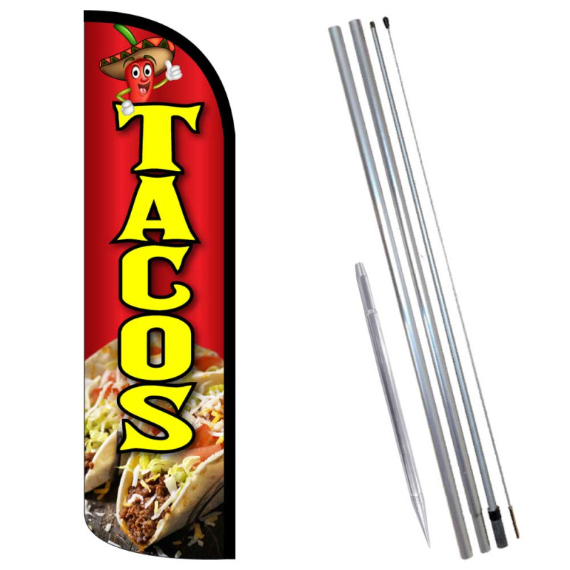 Tacos (Red) Premium Windless  Feather Flag Bundle (Complete Kit) OR Optional Replacement Flag Only