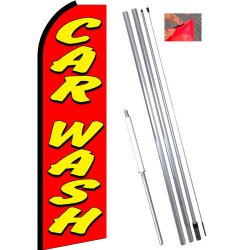 CAR WASH (Red) Flutter Feather Flag Bundle (11.5' Tall Flag, 15' Tall Flagpole, Ground Mount Stake)