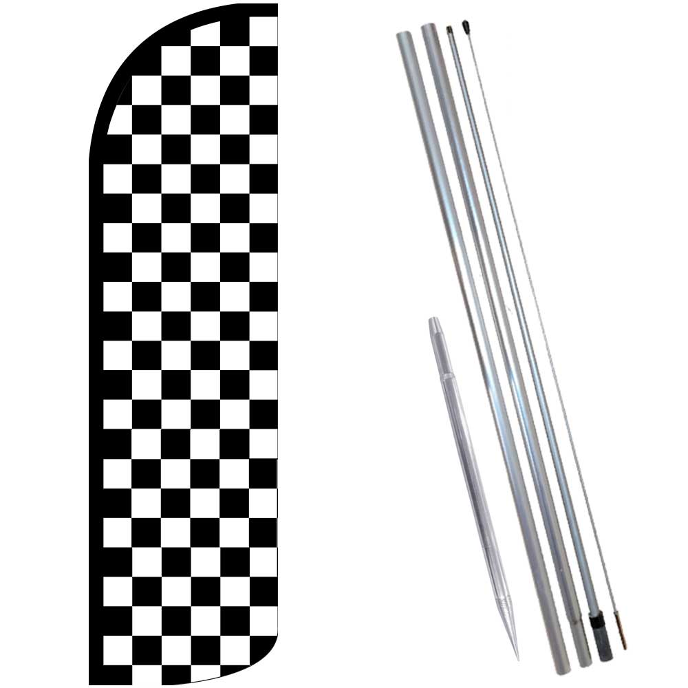 Checkered BLACK/WHITE Premium Windless Feather Flag Bundle (Complete Kit) OR Opt