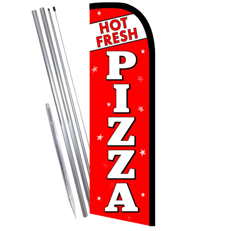 FRESH HOT PIZZA (White/Red) Windless Feather Flag Bundle (Complete Kit) OR Optional Replacement Flag Only