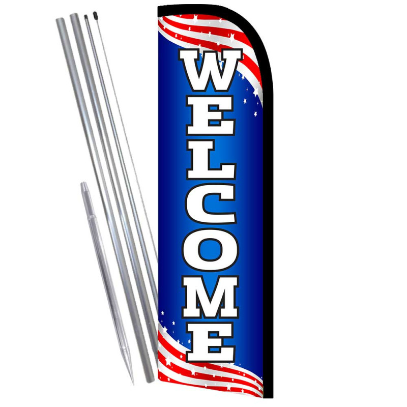 Welcome (Patriotic) Windless Feather Flag Bundle (Complete Kit) OR Optional Replacement Flag Only