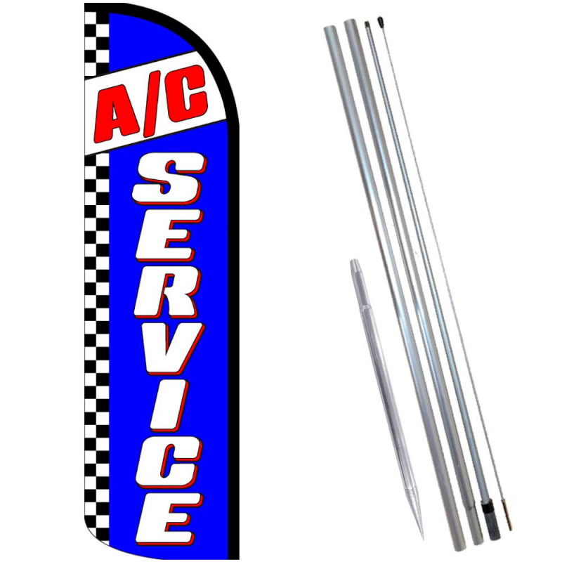 A/C SERVICE (Blue/Checks) Windless Feather Flag Bundle (Complete Kit) OR Optional Replacement Flag Only