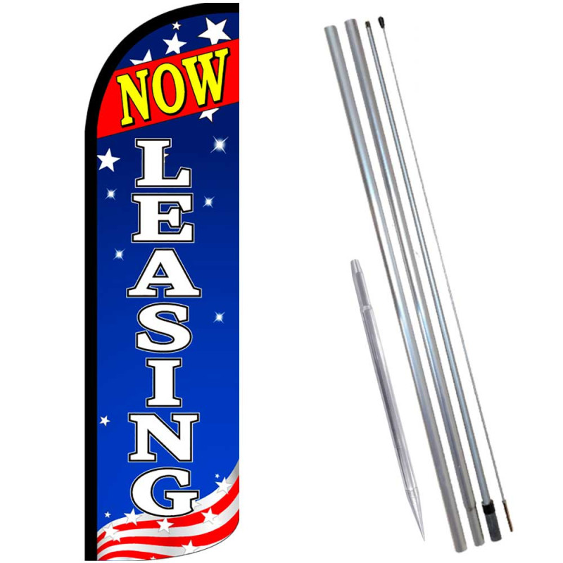 NOW LEASING (Blue/White/Stars) Windless Feather Flag Bundle (Complete Kit) OR Optional Replacement Flag Only