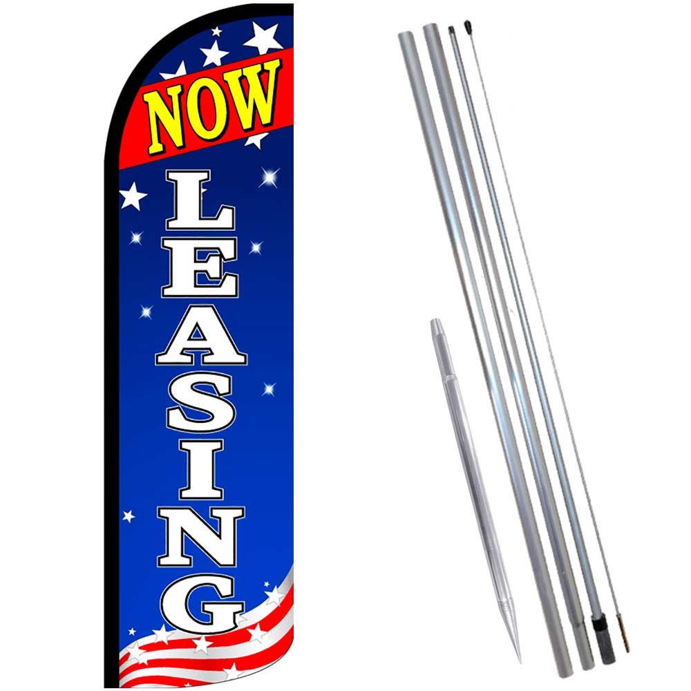 NOW LEASING (Blue/White/Stars) Windless Feather Flag Bundle (Complete Kit) OR Op