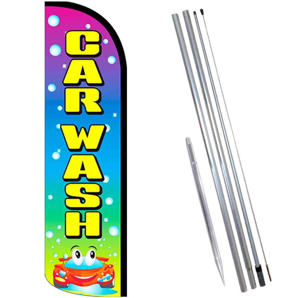 CAR WASH (Multi/Bubbles) Windless Feather Flag Bundle (Complete Kit) OR Optional