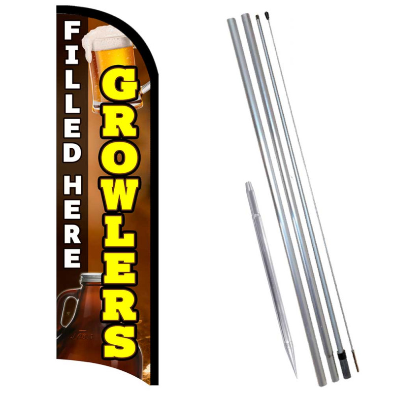 Growlers Filled Here Premium Windless Feather Flag Bundle (Complete Kit) OR Optional Replacement Flag Only