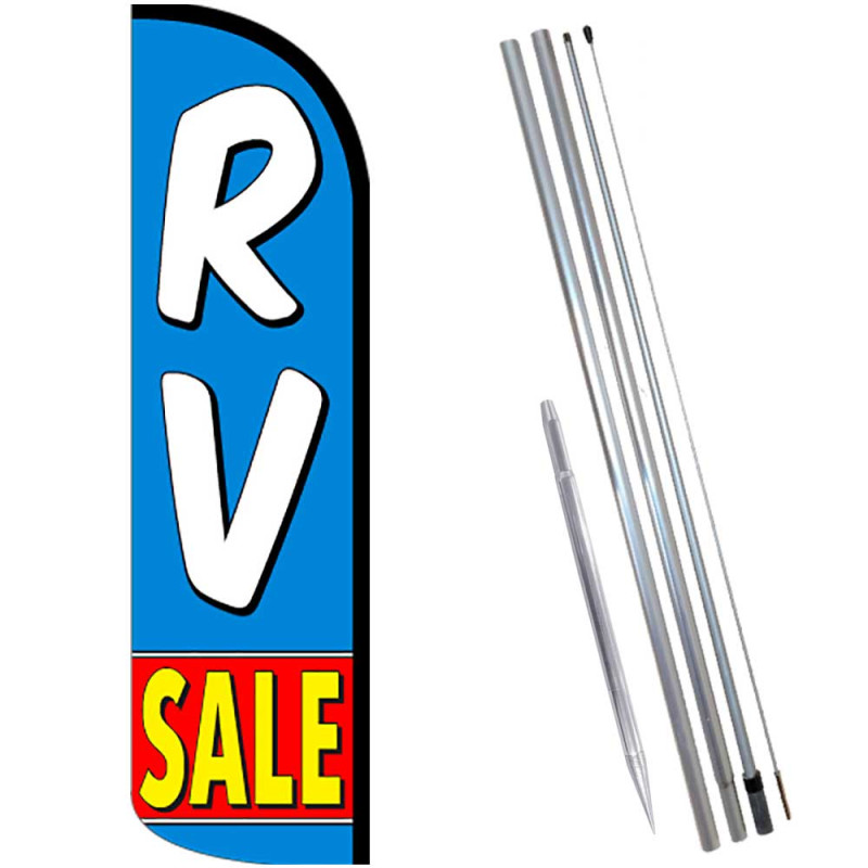 RV SALE (Blue/Red) Windless Feather Flag Bundle (Complete Kit) OR Optional Replacement Flag Only