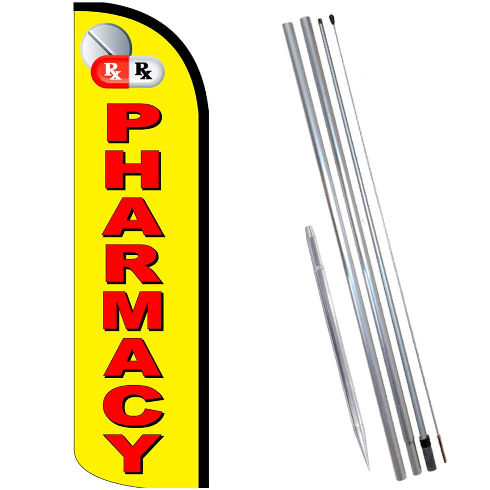 PHARMACY (Yellow/Red) Windless Feather Flag Bundle (Complete Kit) OR Optional Re
