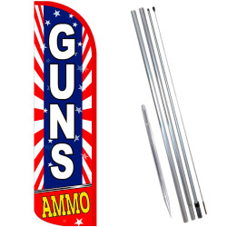 GUNS AMMO Windless Feather Flag Bundle (11.5' Tall Flag, 15' Tall Flagpole, Ground Mount Stake) 841098167707