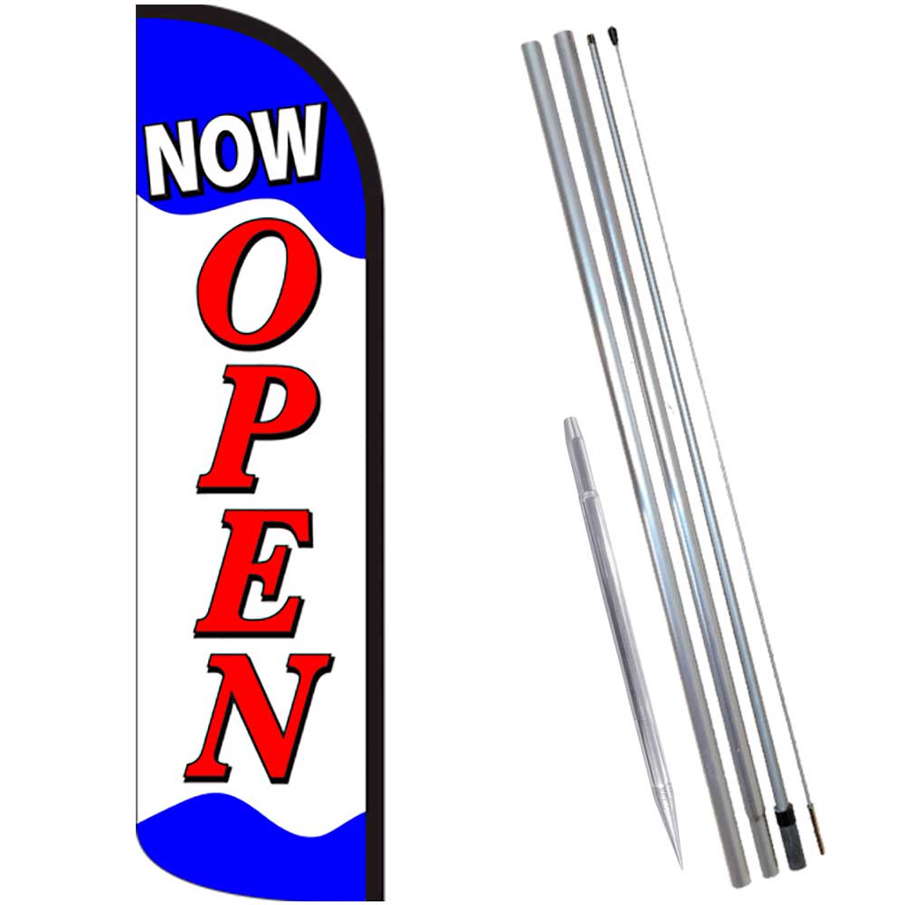 NOW OPEN (Blue/Red/White) Windless Feather Flag Bundle (Complete Kit) OR Optiona