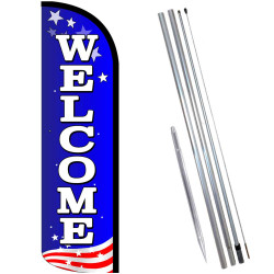 WELCOME (Patriotic) Windless Feather Flag Bundle (Complete Kit) OR Optional Replacement Flag Only