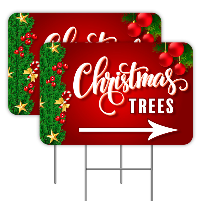 Christmas Trees (Arrow) 2 Pack Double-Sided Yard Signs 16" x 24" with Metal Stakes (Made in Texas)
