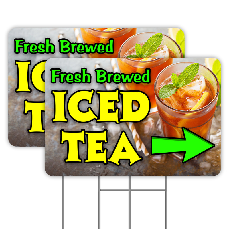 Fresh Brewed Iced Tea Arrow 2 Pack Double-Sided Yard Signs 16" x 24" with Metal Stakes (Made in Texas)